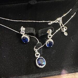Silver S925 Berricle Necklace and Earring Set with Blue Oval Gemstones